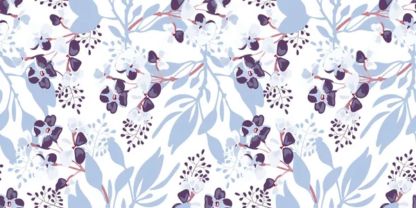 Vettore floreale modello widescreen senza cuciture. Fiori lilla con ramoscelli marroni e foglie azzurre su un bianco. — Vettoriale Stock