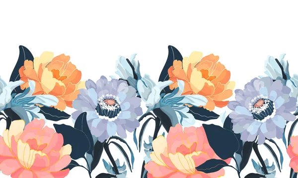Motif floral vectoriel sans couture, bordure. Design panoramique horizontal avec des fleurs orange, bleu et corail isolé sur un fond blanc. — Image vectorielle