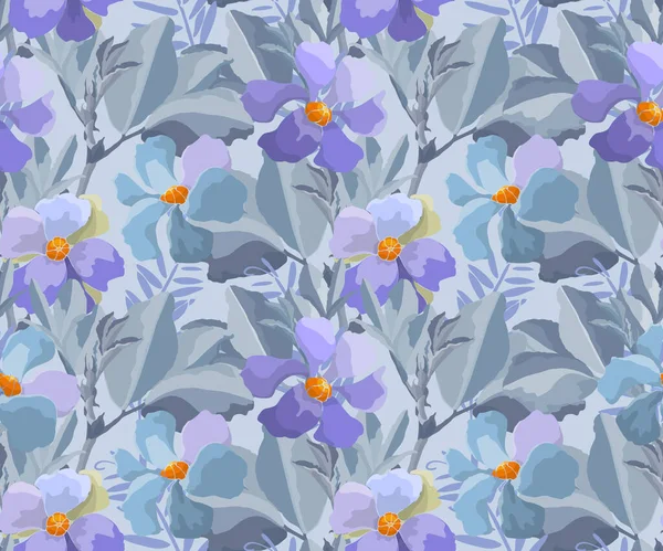 Fondo floral sin costura vectorial. Un patrón con flores de pradera en tonos azules y violetas. — Archivo Imágenes Vectoriales