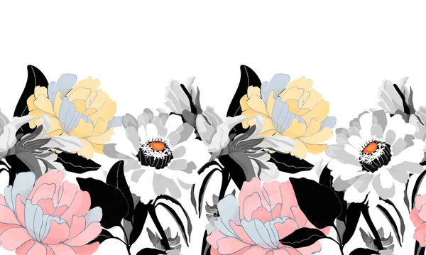 Motif floral vectoriel sans couture, bordure. Design panoramique horizontal avec des fleurs multicolores. — Image vectorielle