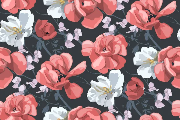 Motif floral vectoriel sans couture. Belles fleurs blanches et rouges sur fond d'ardoise. — Image vectorielle