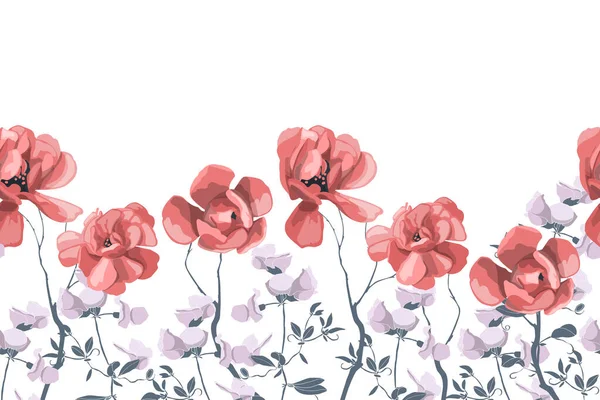 Motif floral vectoriel sans couture, bordure. Design panoramique horizontal avec des fleurs gris-blanc et rouge. — Image vectorielle