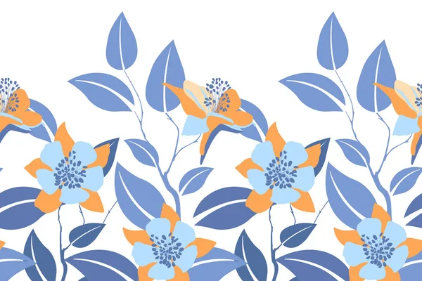 Patrón sin costura floral vectorial, borde. Diseño panorámico horizontal con flores y hojas azul-anaranjadas. — Vector de stock