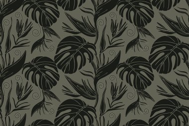 Çiçeksiz vektör tropikal desen. Siyah dallar ve yapraklar haki renkli bir arka planda izole edilmiş.. 