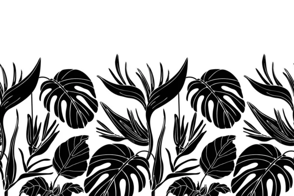 반사체는 바 다 없는 열 대의 무늬와 경계를 이루고 있습니다. 검은 나뭇가지와 잎 이 있는 파노라마같은 수평 설계. — 스톡 벡터