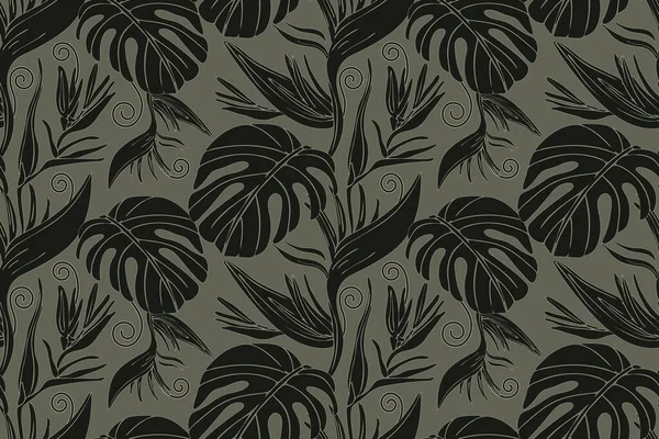 Patrón tropical sin costura floral vectorial. Ramitas negras y hojas aisladas sobre un fondo de color caqui. — Vector de stock