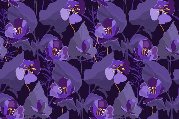 Векторный цветочный бесшовный рисунок. Дизайн с цветами и листьями в фиолетовых тонах. — стоковый вектор