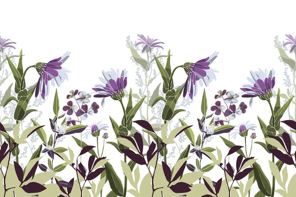 Pola vektor bunga mulus, perbatasan. Citra panorama horisontal dengan bunga ungu-putih. - Stok Vektor