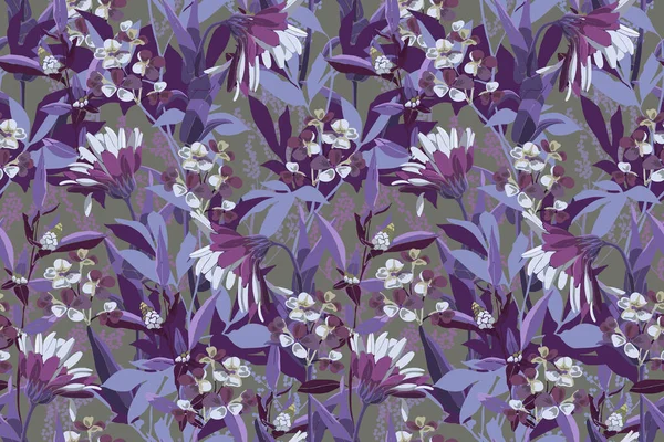 Patrón sin costura floral vectorial. Flores, hojas y tallos blanco-púrpura sobre un fondo gris. — Vector de stock
