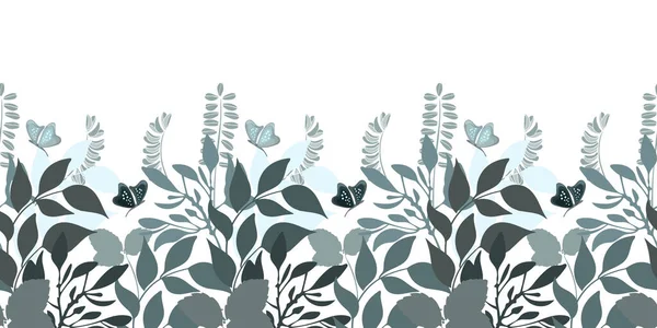 Patrón sin costura floral vectorial, borde. Imagen panorámica horizontal con hierbas turquesa y verde grisáceo. — Vector de stock