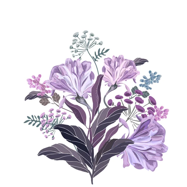 Illustrazione floreale vettoriale. Bouquet di fiori lilla e viola su sfondo bianco. — Vettoriale Stock