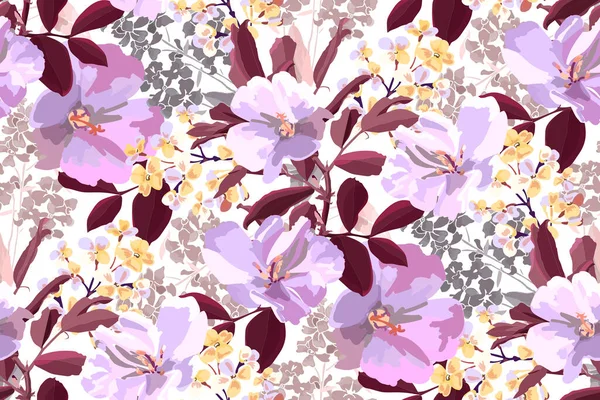 Patrón sin costura floral vectorial. Flores de color rosa, púrpura y amarillo con hojas borgoña. — Vector de stock