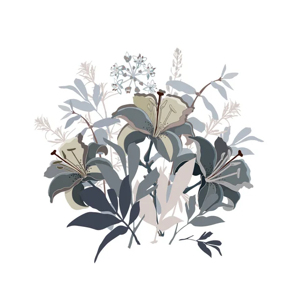 Illustrazione floreale vettoriale. Bouquet di fiori di giglio in toni beige e grigio su sfondo bianco. — Vettoriale Stock