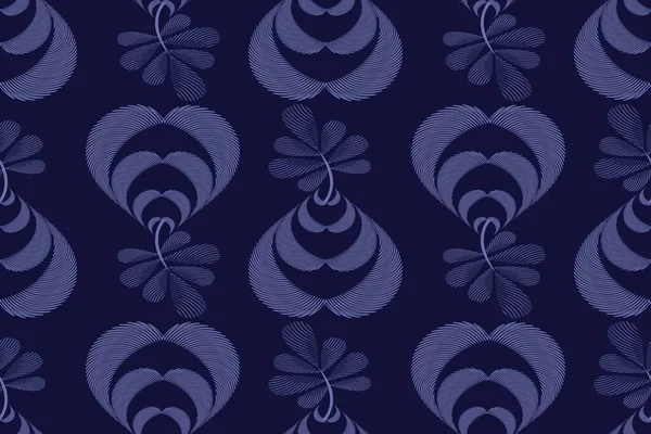Art floral vector seamless pattern. Blue fluted leaves on twigs isolated on a dark blue background. — Vetor de Stock