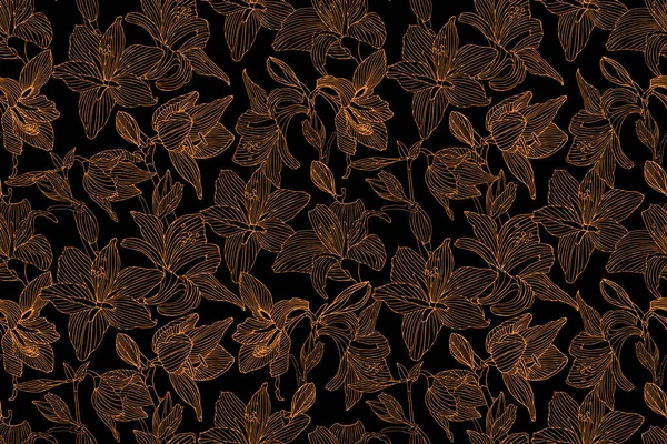 Art floral vector seamless pattern. Golden hippeastrum and lily flowers. — Stockvektor