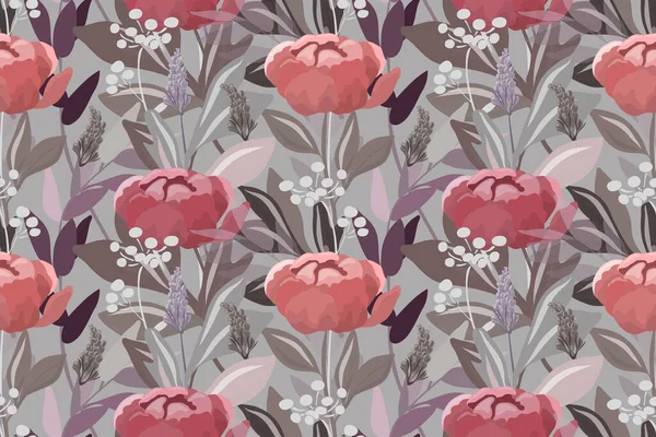 Motif floral vectoriel sans couture. Fleurs rouges avec feuilles et tiges gris foncé sur un fond gris. — Image vectorielle