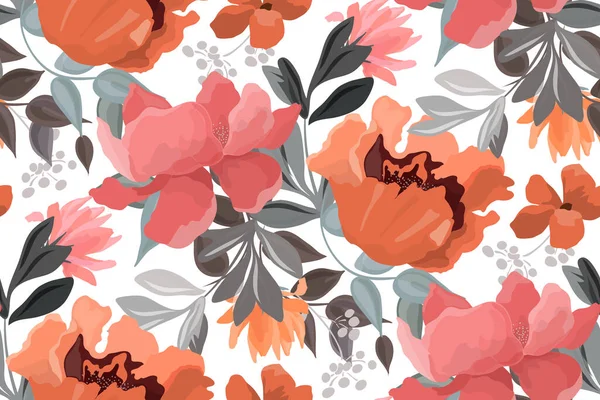 Patrón sin costura floral vectorial. Flores rosas, rojas y anaranjadas, brotes y hojas grises sobre un fondo blanco. — Vector de stock