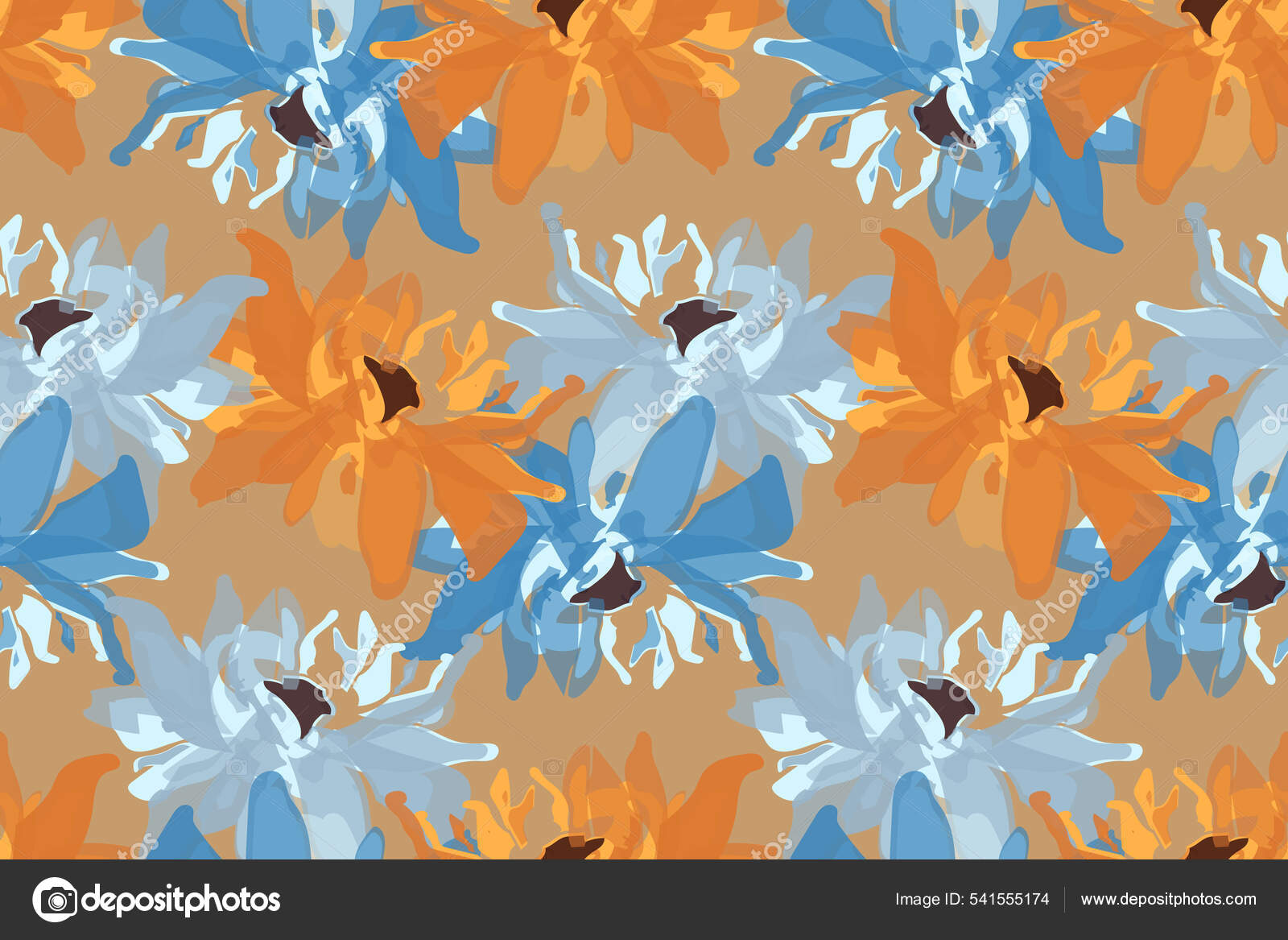 Patrón sin costura floral vectorial. Flores azules y naranjas abstractas  sobre un fondo de color café claro. Vector de stock #541555174 de ©ArtZuka, image size:1600x1167