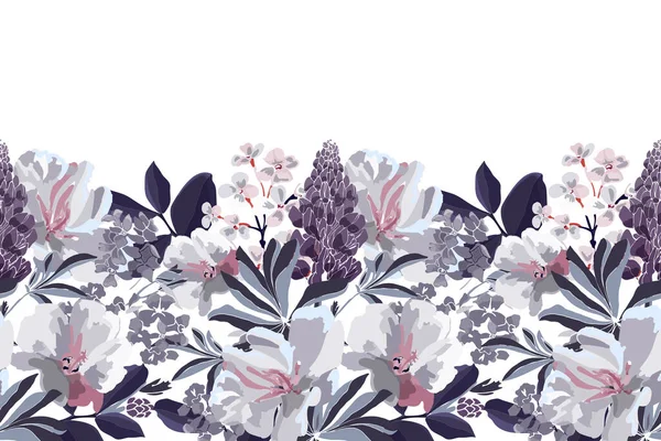 Padrão sem costura floral vetorial, fronteira. Design panorâmico horizontal com flores em tons de cinza branco e lilás. — Vetor de Stock