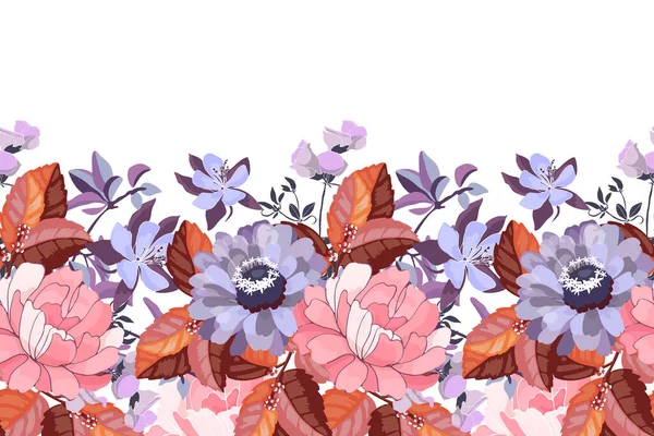 Vektorový květinový vzor, hranice. Horizontální panoramatický design s šeříkovými a růžovými květy. — Stockový vektor