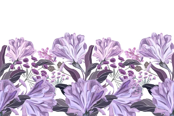 Patrón sin costura floral vectorial, borde. Diseño panorámico horizontal con flores púrpura y lila. — Vector de stock