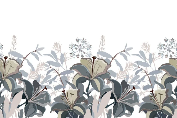 Patrón sin costura floral vectorial, borde. Diseño panorámico horizontal con flores de lirio en colores beige y gris. — Vector de stock