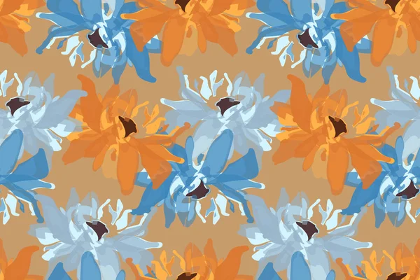 Patrón sin costura floral vectorial. Flores azules y naranjas abstractas sobre un fondo de color café claro. — Vector de stock