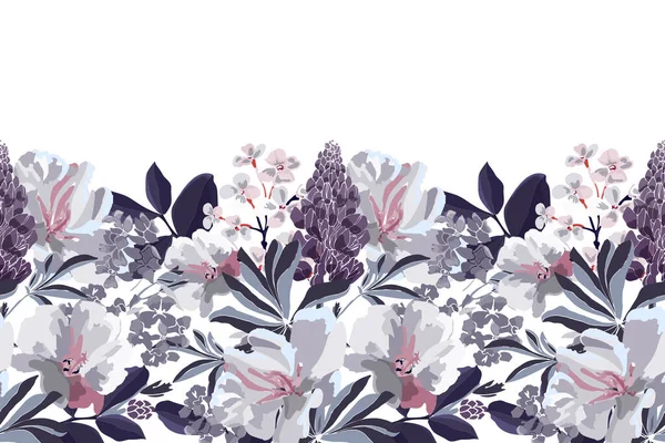 Patrón sin costura floral vectorial, borde. Diseño panorámico horizontal con flores en tonos gris blanco y lila. — Vector de stock