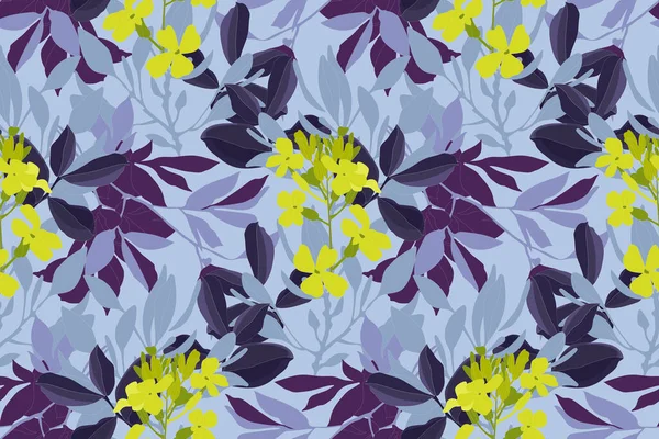 Motif floral vectoriel sans couture. Fleurs jaunes et feuilles violettes sur fond bleu. — Image vectorielle