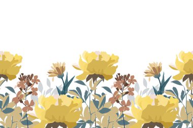 Çiçeksiz vektör deseni, sınır. Beyaz arka planda izole edilmiş sarı çiçekli yatay panoramik tasarım. 