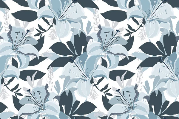 Patrón sin costura floral vectorial. Diseño con flores de lirio azul y hojas aisladas sobre un fondo blanco. — Vector de stock