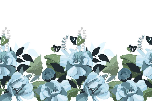 Padrão sem costura floral vetorial, fronteira. Design panorâmico horizontal com flores azuis. —  Vetores de Stock