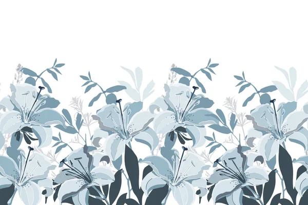 Patrón sin costura floral vectorial, borde. Diseño panorámico horizontal con flores de lirio azul. — Vector de stock