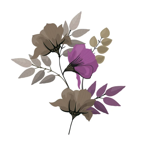 Illustration florale vectorielle Bouquet de fleurs et de feuilles pourpres et de couleur café. — Image vectorielle