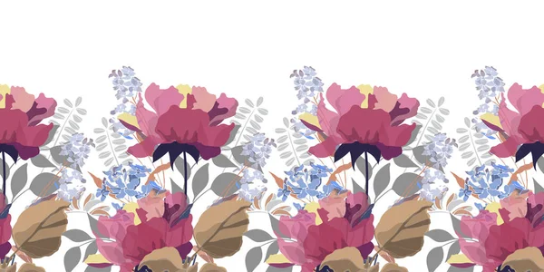 Motif floral vectoriel sans couture, bordure. Illustration panoramique horizontale avec fleurs de jardin rouges sur fond blanc. — Image vectorielle