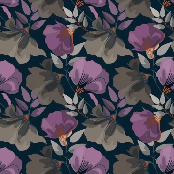Patrón sin costura floral vectorial. Flores de color púrpura y café aisladas sobre un fondo oscuro. — Vector de stock