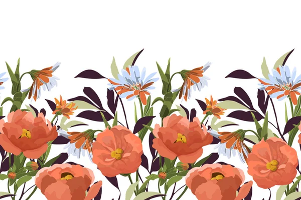 Pola vektor bunga mulus, perbatasan. Ilustrasi panorama horisontal dengan bunga berwarna oranye dan karang. - Stok Vektor