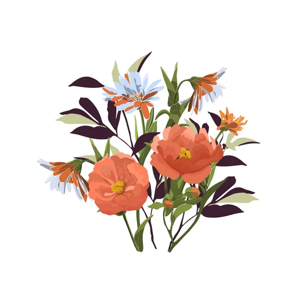 Ilustrasi vektor bunga. Bouquet bunga berwarna oranye dan karang, daun dan herbal pada latar belakang putih. - Stok Vektor