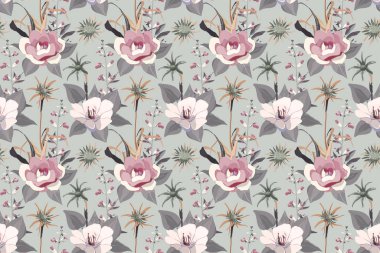 Çiçeksiz vektör deseni. Pembe ve beyaz pastel çiçekler, açık gri arkaplanda gri yapraklar..