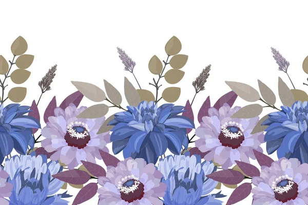 Vector bloemen naadloos patroon, rand. Horizontale panoramische illustratie met blauwe en magenta kleuren. — Stockvector