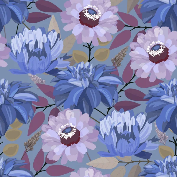 Vector floral seamless pattern. Blue and purple flowers isolated on a gray background. — Stock Vector