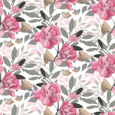 Çiçeksiz vektör deseni. Beyaz arka planda pembe çiçekler ve kelebekler.