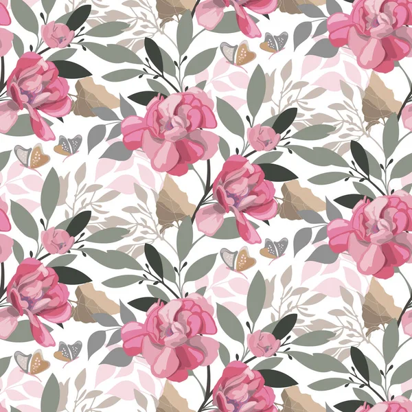 Motif Floral Vectoriel Sans Couture Fleurs Roses Papillons Sur Fond — Image vectorielle