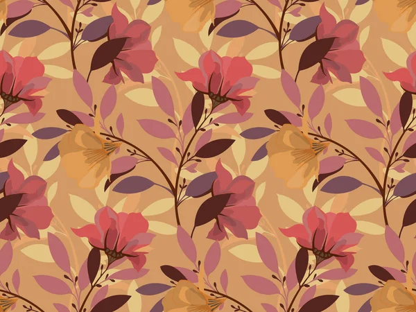 Vector bloemen naadloos patroon. Rood, kastanjebruin, gele bloemen en twijgen met bladeren. — Stockvector