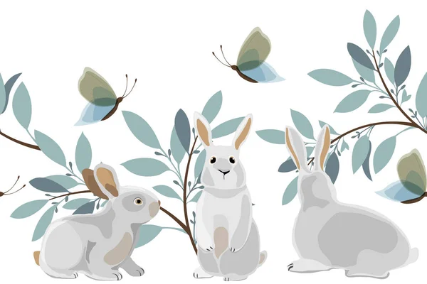Patrón sin costura de Pascua vectorial, borde. Ilustración panorámica horizontal con tres conejos. — Vector de stock