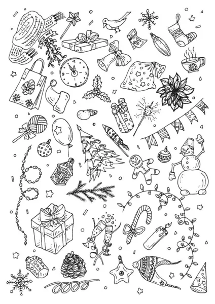 Dibujado Mano Año Nuevo Feliz Navidad Garabatos Ilustraciones Año Nuevo — Vector de stock