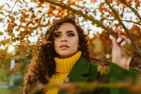 Cabelo encaracolado luxuoso e belos olhos verdes de uma menina de pé sob um ramo da árvore de outono — Fotografia de Stock