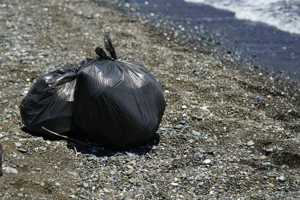 Мішки Зібраного Сміття Пляжу Переробки Прибирання Пляжу Від Забруднення Високоякісна Стокове Фото