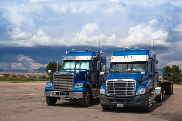 Two typical american blue Freightliner trucks — Stock Photo, Image