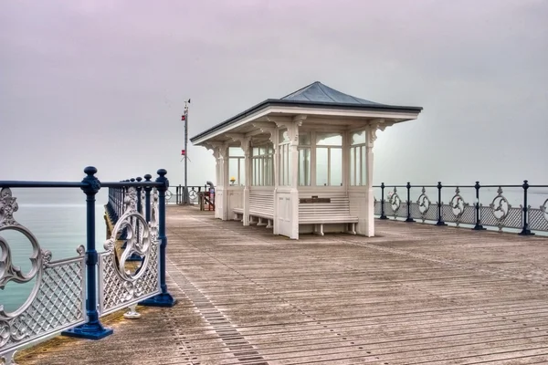 Wooden,pier,Swanage,Jurassic,Coast,England,Mist,Fog,Lighthouse,Famous,Landmark — Stock Photo, Image